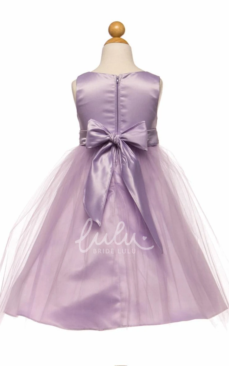 Beaded Tulle & Satin Tea-Length Flower Girl Dress with Broach Unique Wedding Dress