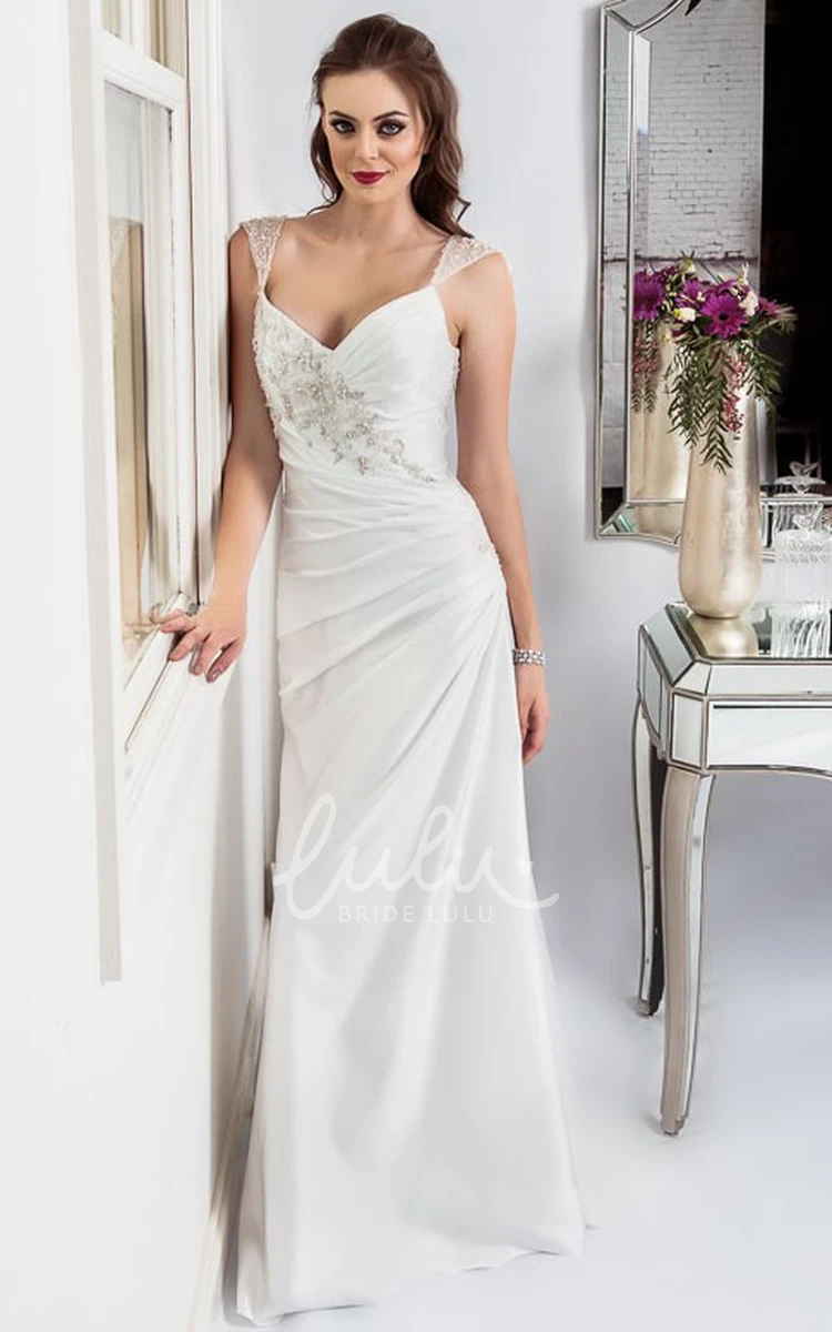V-Neck Satin Wedding Dress with Beading Sheath Style with Side Draping and Corset Back