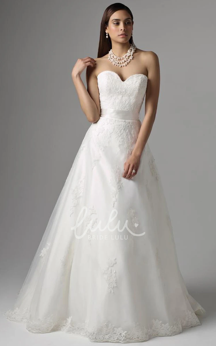 Long Lace Wedding Dress with Appliques and Deep-V Back A-Line Bridal Gown