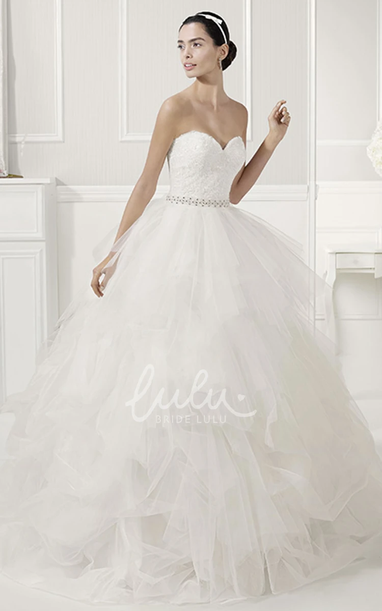 Jewel Neckline Bridal Ball Gown with Layered Organza Skirt and Crystal Embellishments