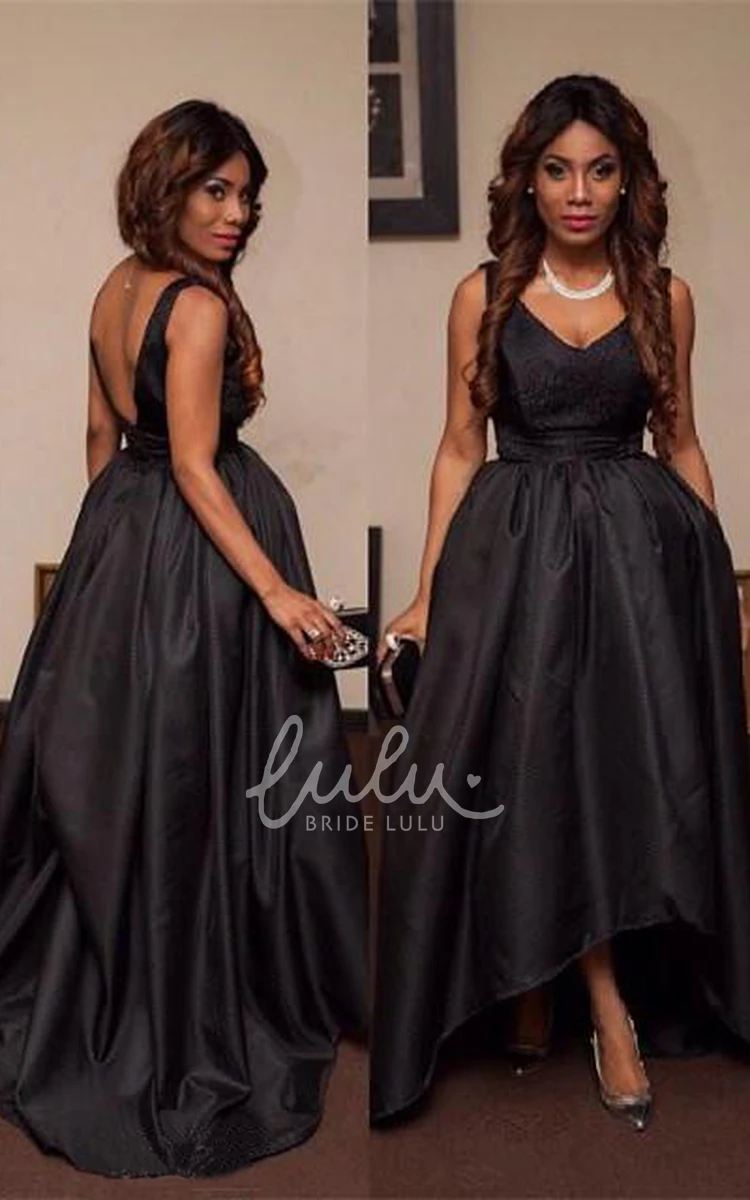 Black Sleeveless V-Neck Hi-Lo Prom Dress for Women