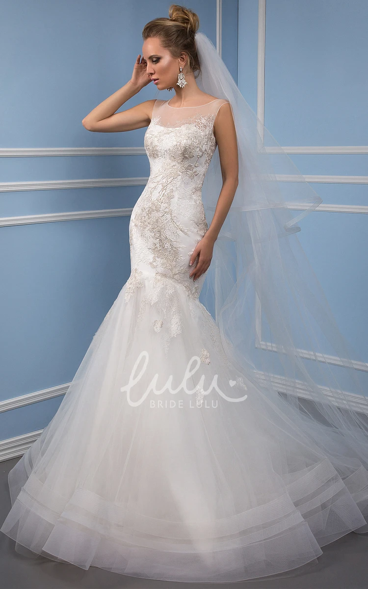 Sleeveless Trumpet Tulle Wedding Dress with Illusion Back and Ruffles Bateau Neckline Bridal Gown