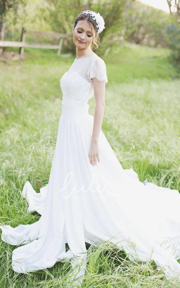 Long Chiffon Wedding Dress with Sash and Low-V Back Jewel Short Sleeve Elegant