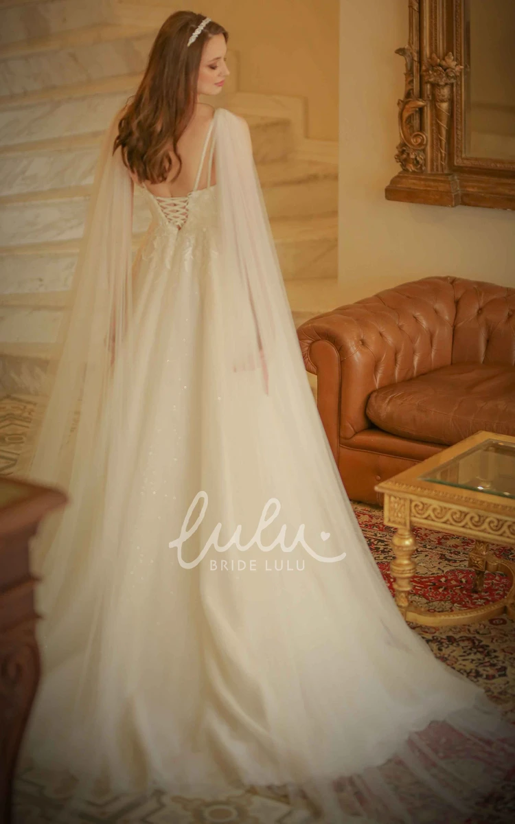 Bohemian Lace V-Neck A-Line Brush Train Wedding Dress with Appliques Boho & Elegant