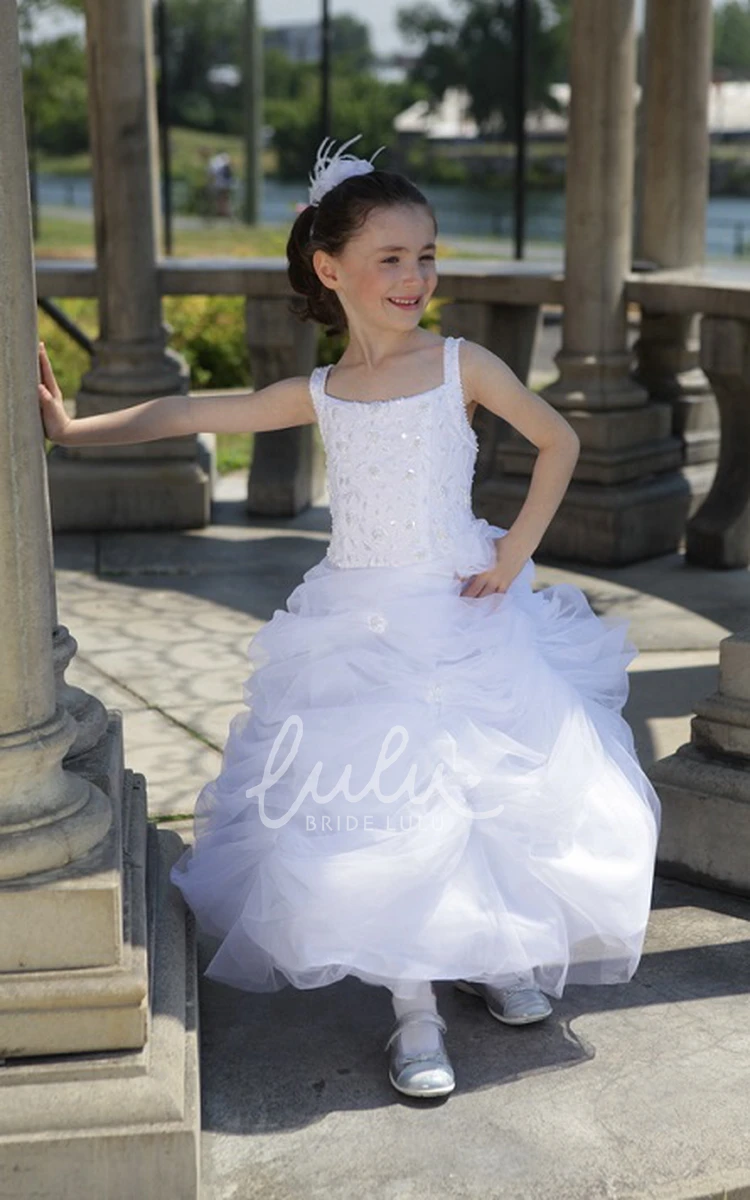 Organza Flower Girl Ball Gown with Square Neckline and Ruffled Skirt