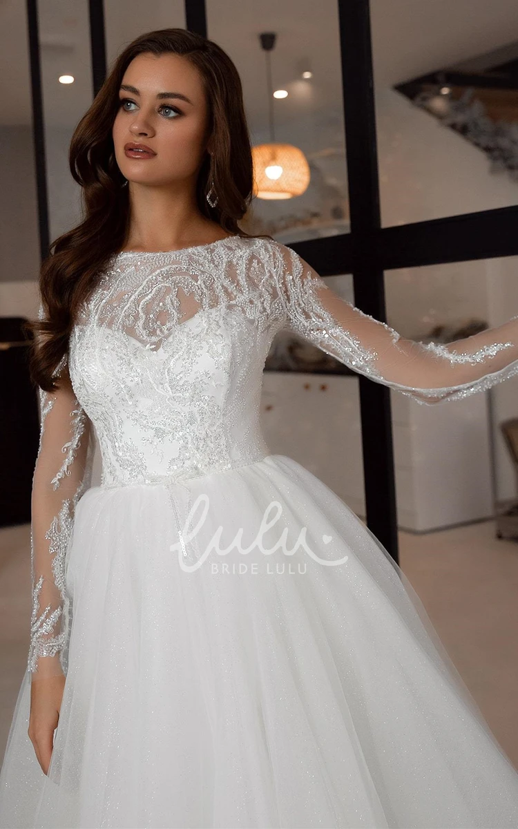 Modest A Line Tulle Wedding Dress with Long Sleeves and Beading Modern Wedding Dress