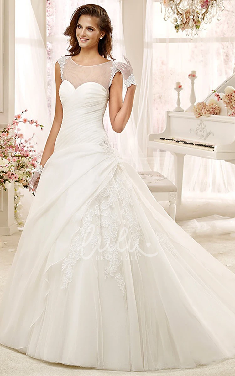 Cap-sleeve A-line Wedding Dress with Jewel-neck Asymmetrical Ruching and Illusive Design Simple and Elegant