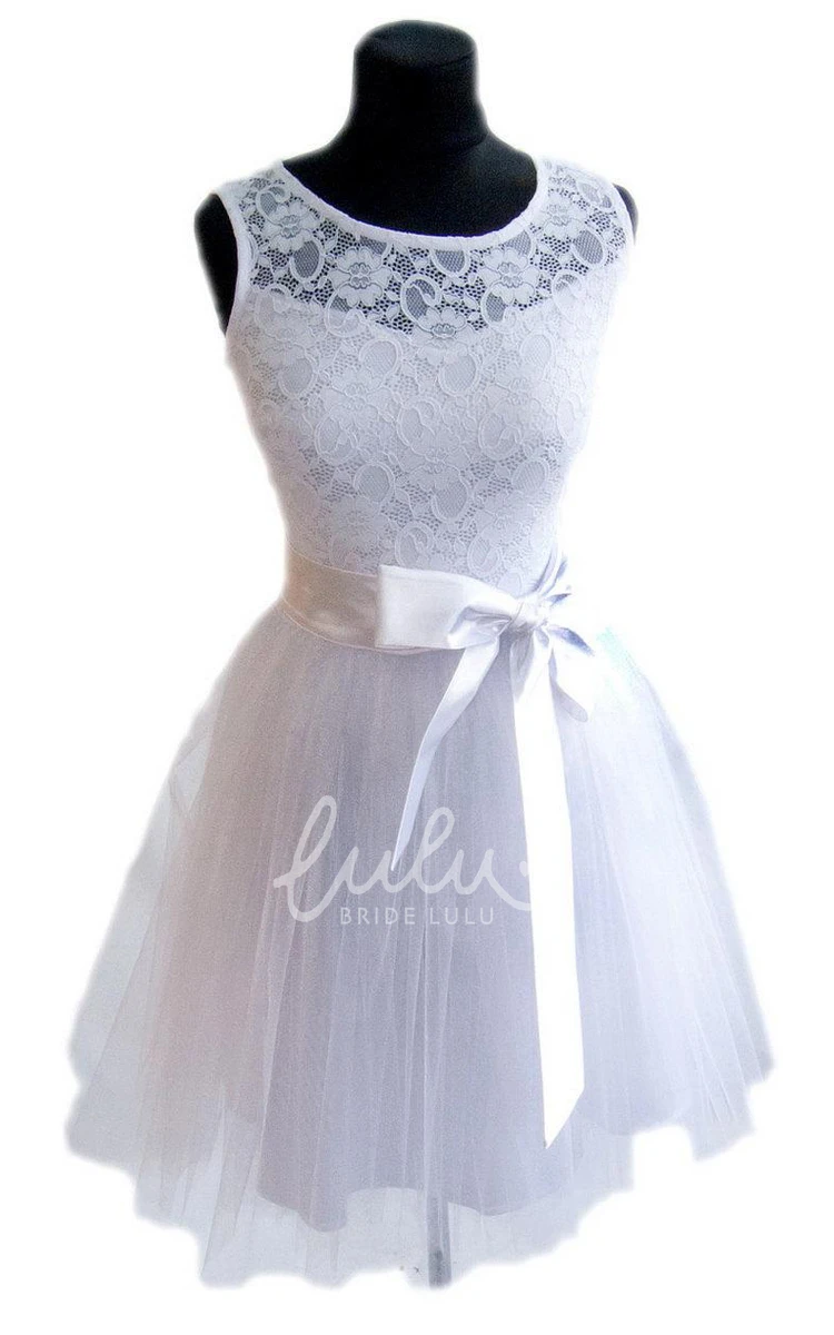 Lace and Tulle Mini Dress with Satin Belt for Bridesmaids