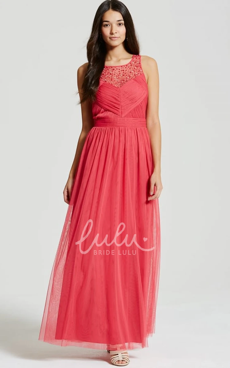 Bateau Neck Tulle Bridesmaid Dress with Beading Ankle-Length