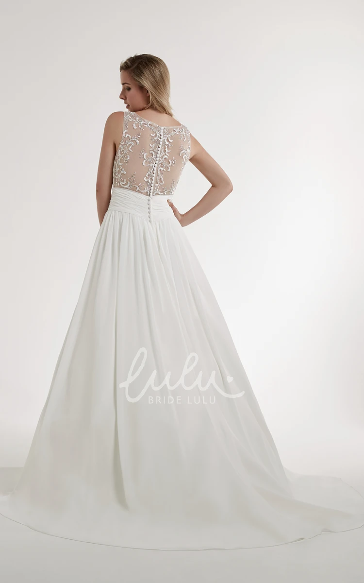 Ruched Chiffon Wedding Dress with Illusion Back V-Neck Sleeveless A-Line