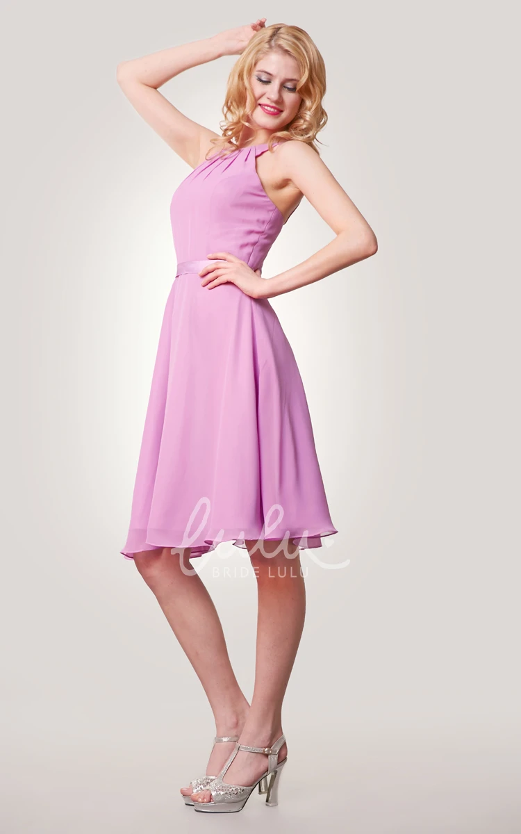 Knee Length A-Line Chiffon Dress with Straps and Satin Bow Sash for Women