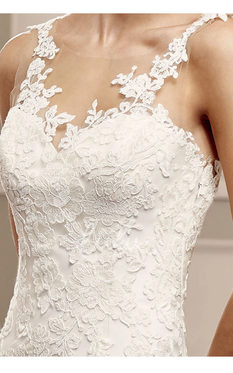 Long Sleeveless Lace Wedding Dress with Illusion and Court Train Scoop Neckline