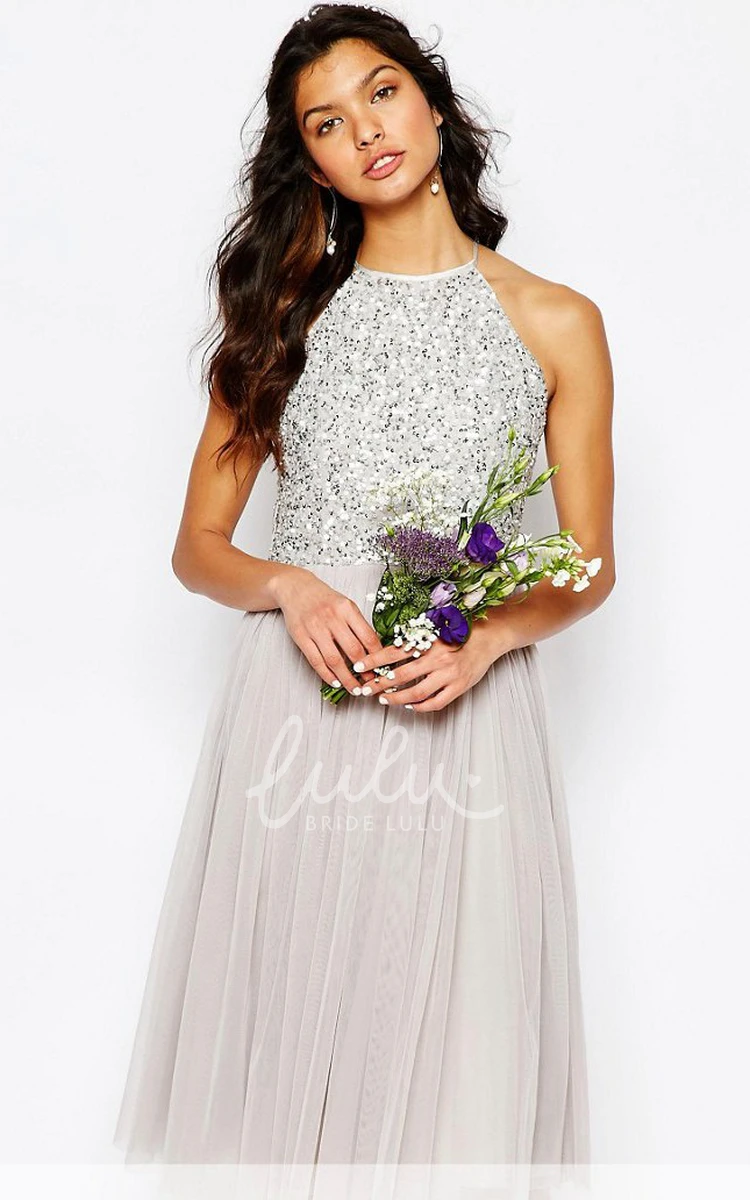 Sequined A-Line Tulle Bridesmaid Dress with Pleats Tea-Length Sleeveless