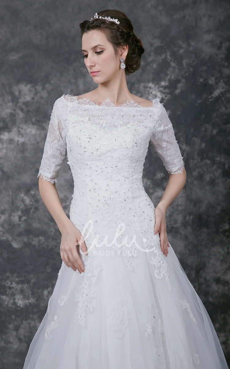 A-line Tulle Gown with Lace Appliques and Beading Half Sleeves