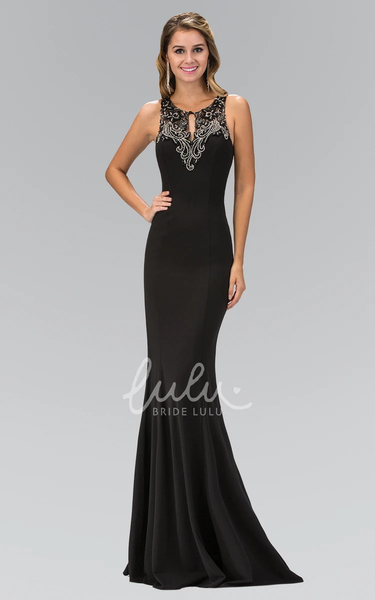 Sleeveless Sheath Jersey Illusion Dress with Beading Long Scoop-Neck and Pleats