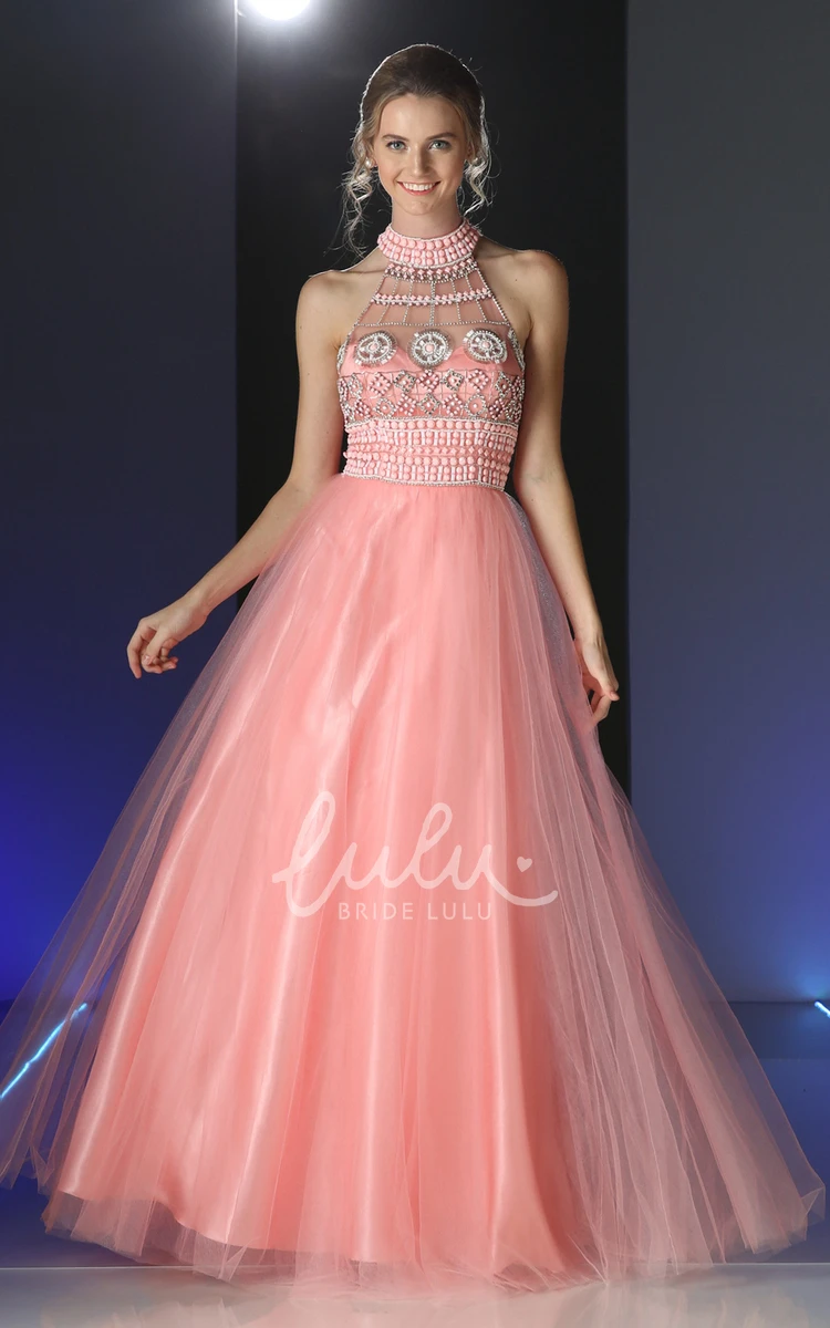 High Neck Tulle Satin Ball Gown Formal Dress with Beading