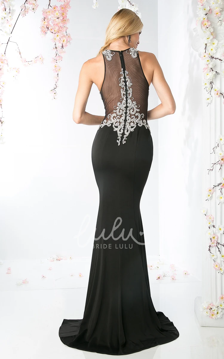 Sleeveless Sheath Jersey Illusion Formal Dress with Jewel-Neck and Beading