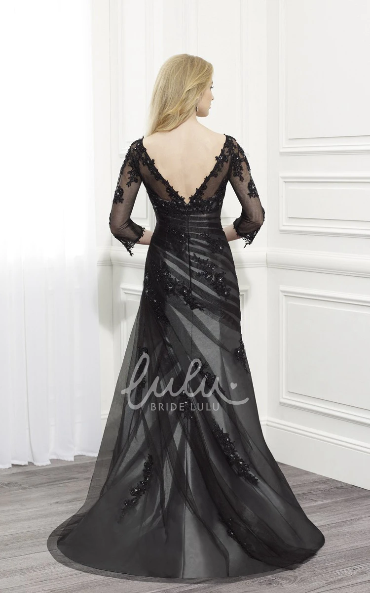A-Line Tulle and Satin Dress with Appliques Side Draping and 3/4 Sleeves for Formal Events