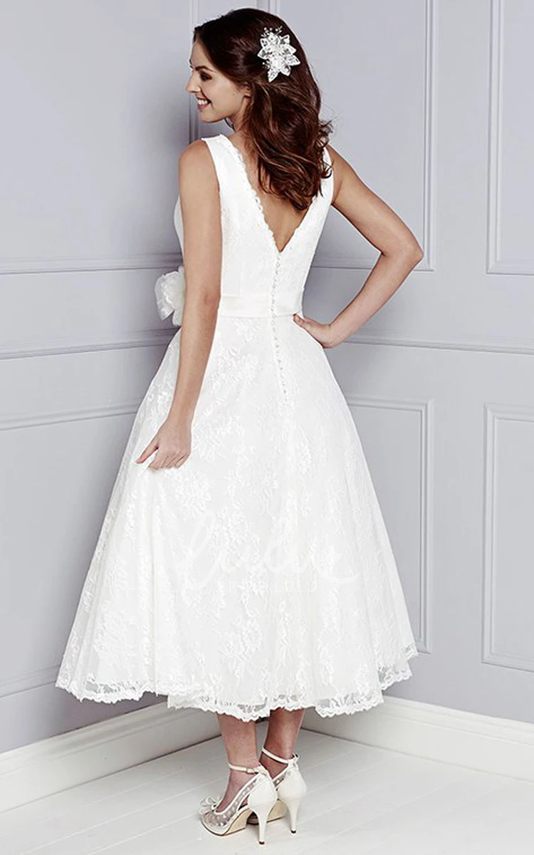 Tea-Length Lace Wedding Dress with Flower Applique and V-Neck