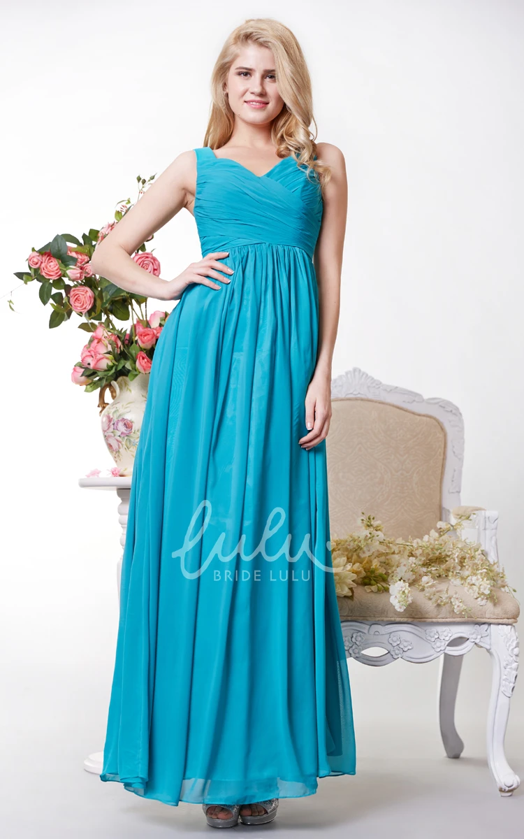 Chiffon Bridesmaid Gown with V-neck and Squared Back Ruching