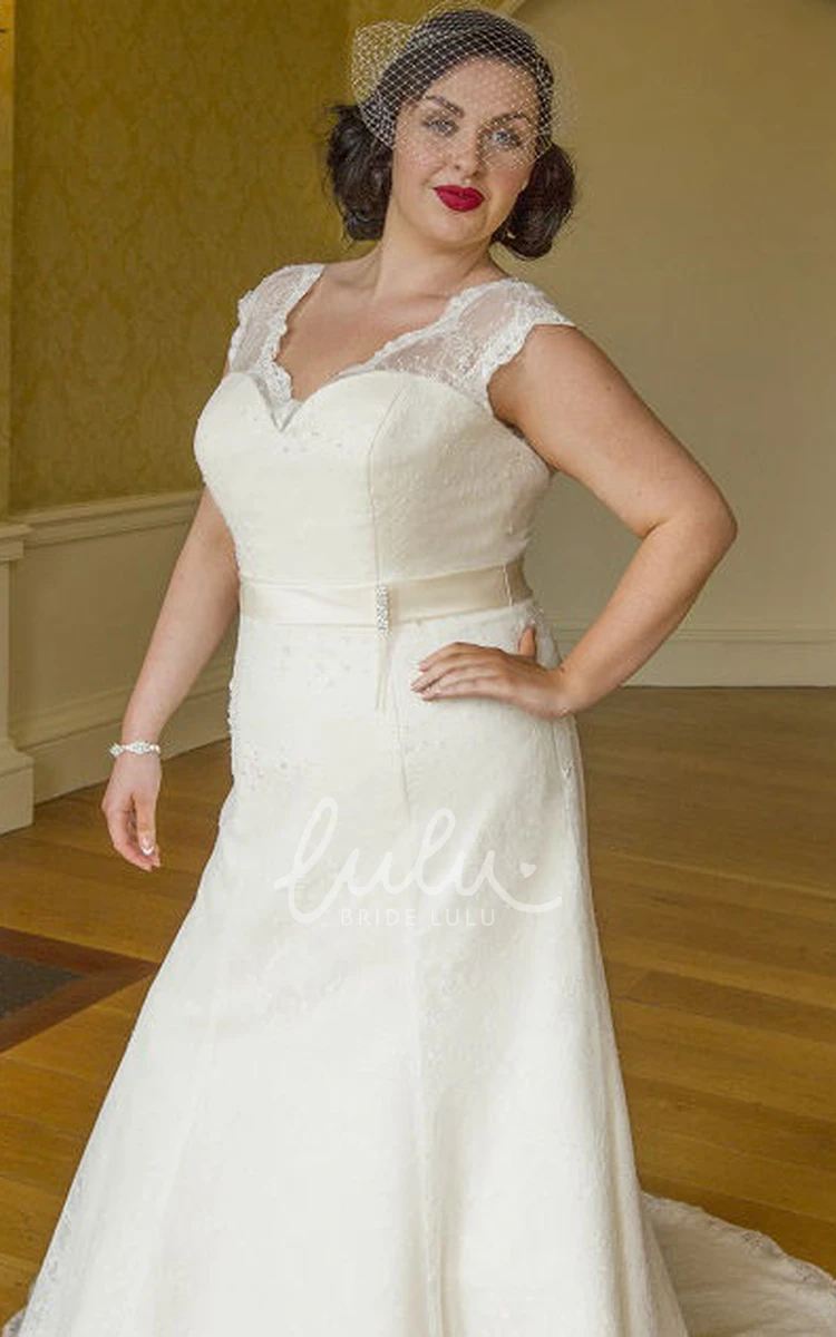 Scalloped V-Neck Lace Bridal Gown with Cap Sleeves and Satin Sash