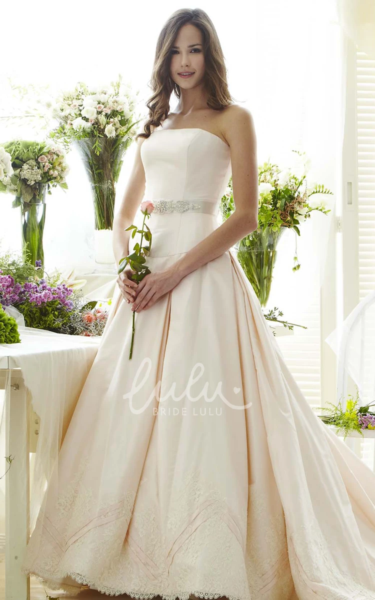 Satin Bowed Strapless Wedding Dress with Jeweled Appliques Stunning Bridal Gown