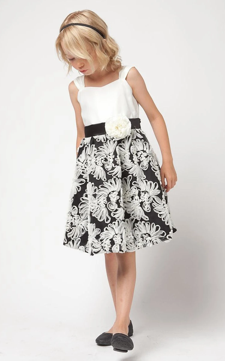 Floral Satin Flower Girl Dress Tea-Length Tiered Embroidered Unique