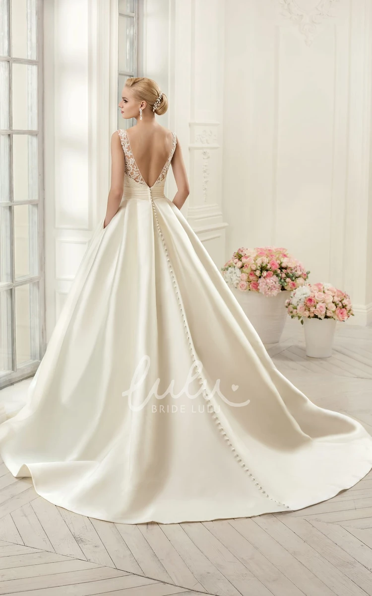 Satin Ball Gown Wedding Dress with Deep-V-Back and Appliques