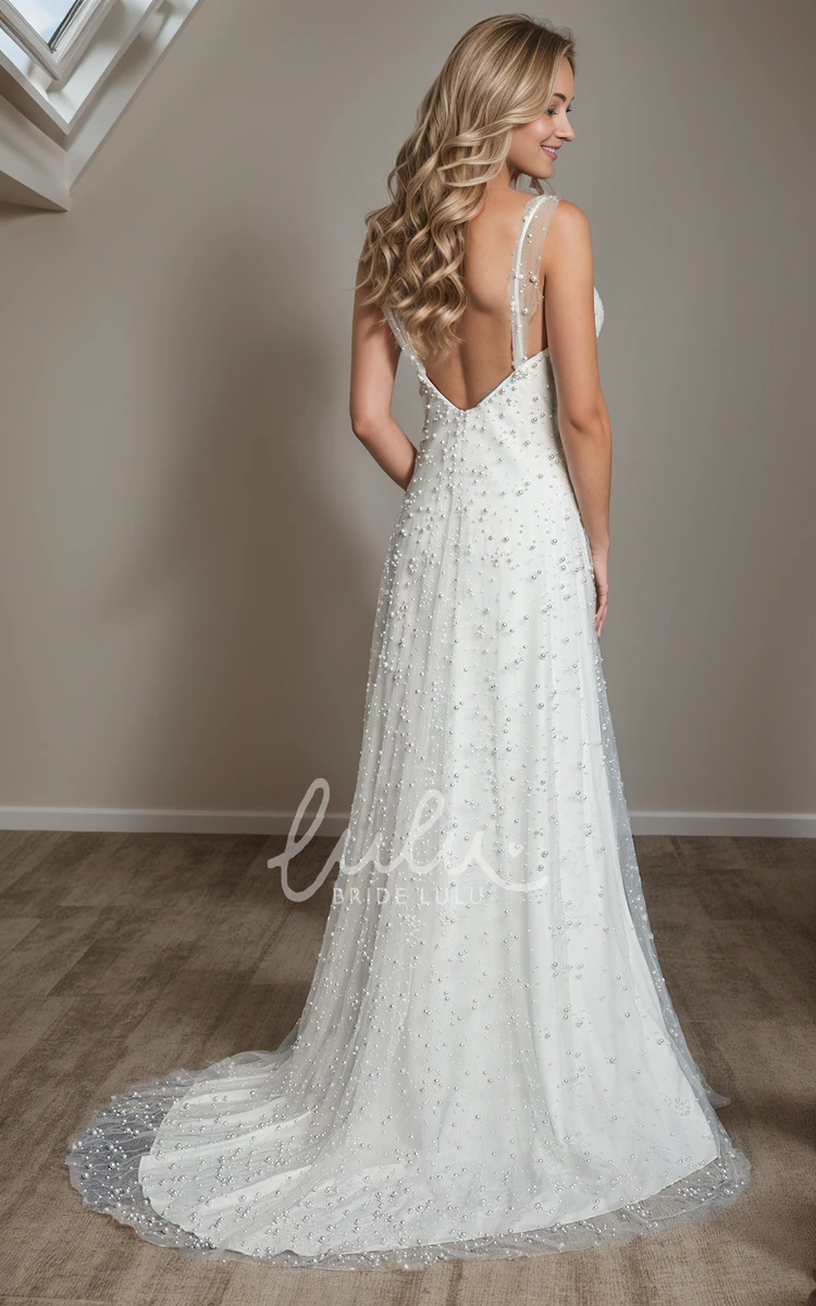 Romantic Sexy Sleeveless Backless Pearl Wedding Dress Elegant Unique Beach Straps Floor Length Sweep Train Bridal Gown