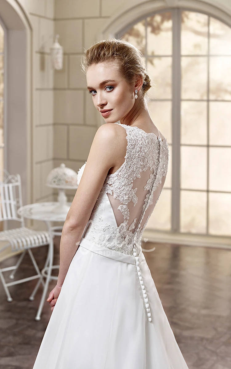 Appliqued V-Neck Sleeveless A-Line Wedding Dress with Waist Jewelry