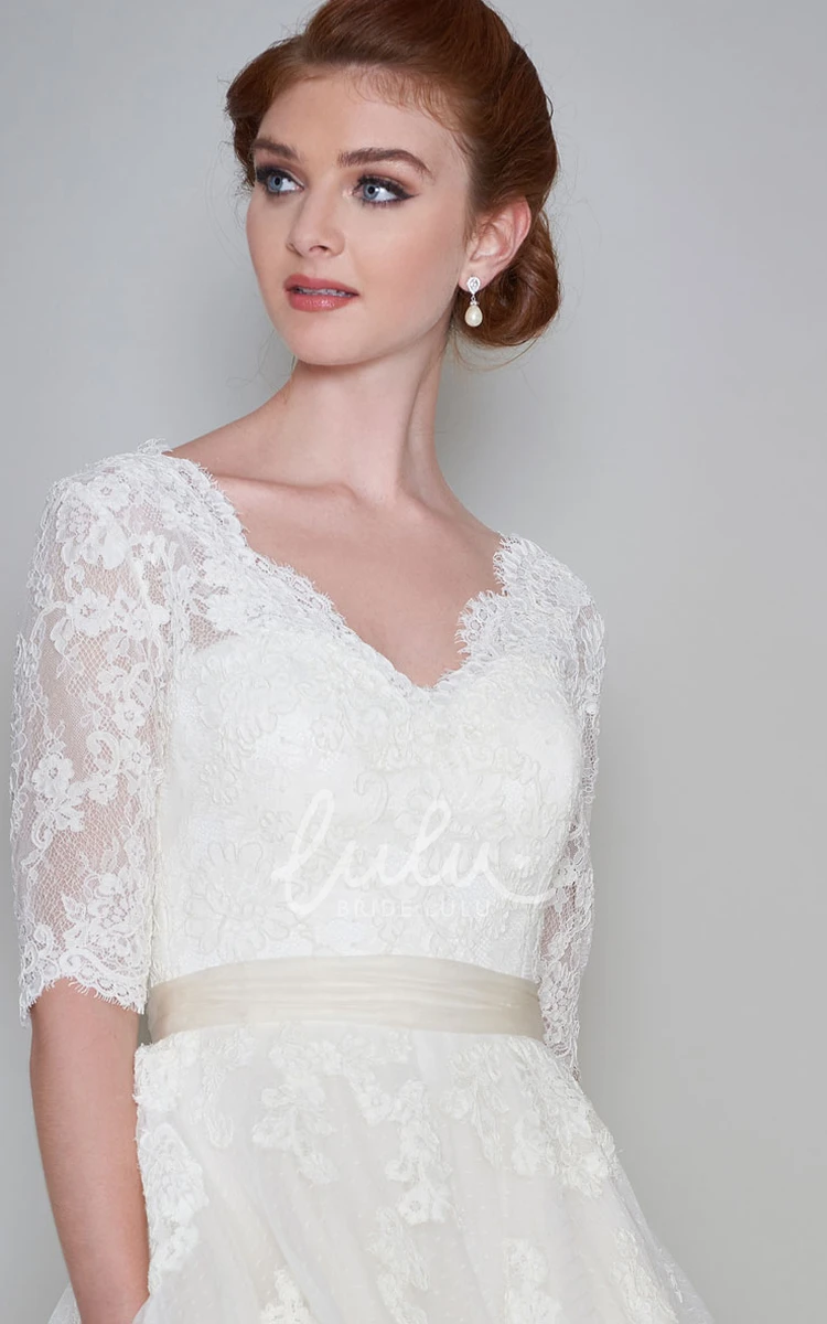 Lace Organza A-Line Half Sleeve Button Back Wedding Dress