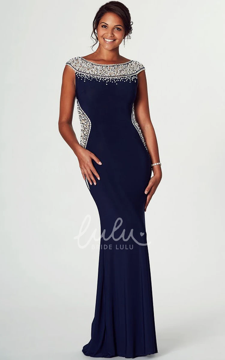 Cap-Sleeve Beaded Bateau Midi Jersey Prom Dress with Brush Train Unique Prom Dress for Women