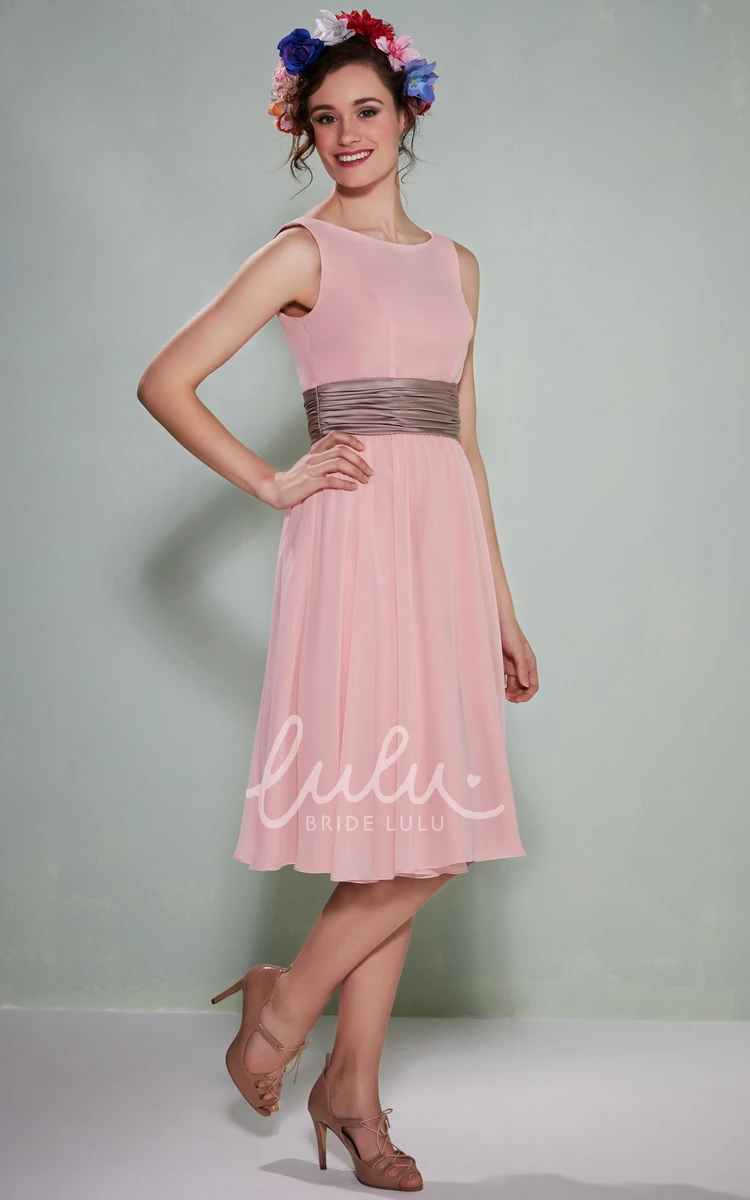 Sleeveless Chiffon Bridesmaid Dress with Low-V Back Scoop Neck Knee-Length