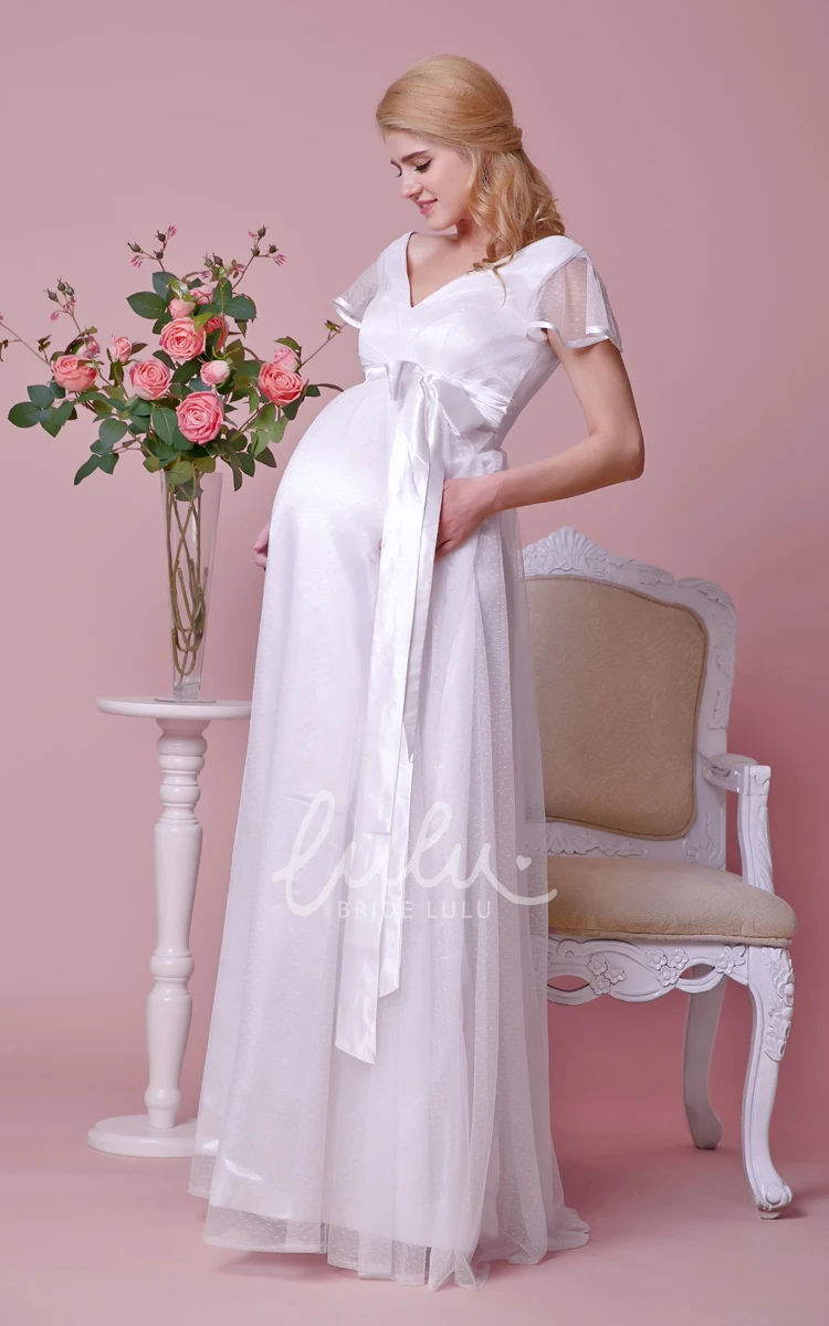 Tulle Maternity Wedding Dress Short-Sleeved Empire Waist V-Neck