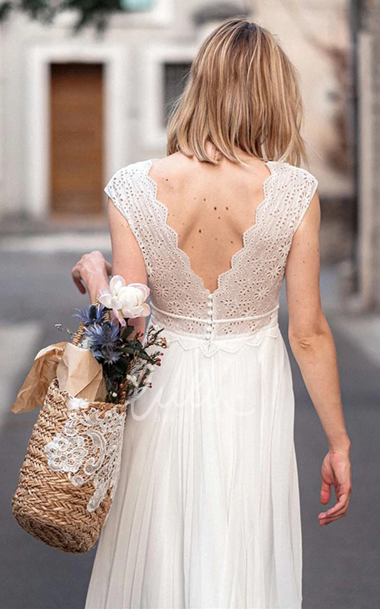 Boho V-neck Chiffon Lace Wedding Dress with Short Sleeves and Low-V Back Beach Wedding Dress