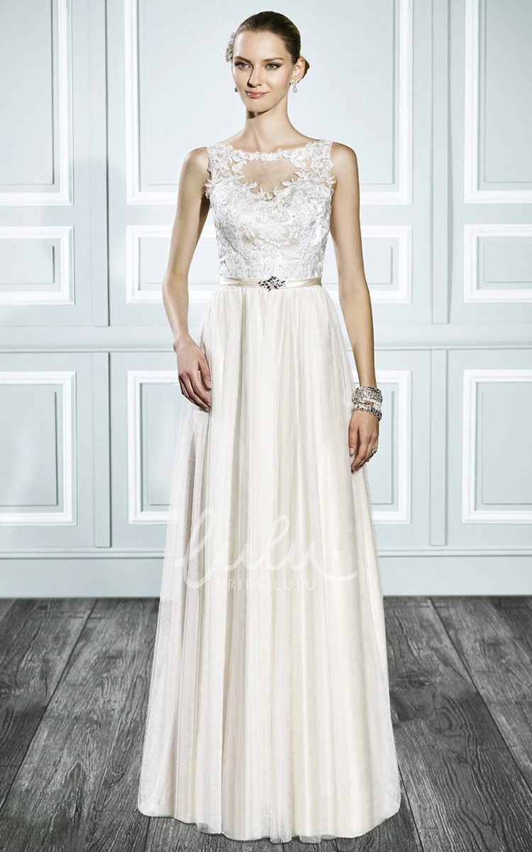 Sleeveless Sheath Lace Wedding Dress with Illusion Back and Pleats