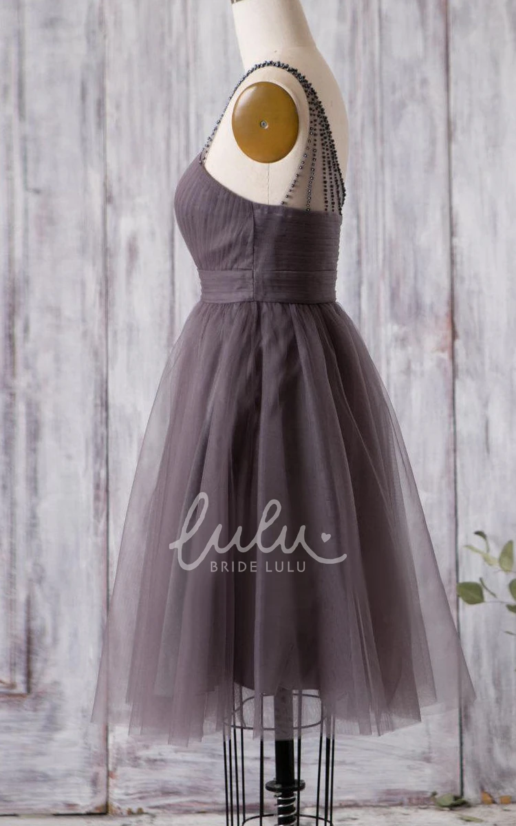 Knee Length Tulle Bridesmaid Dress with Sweetheart Beaded Single Strap