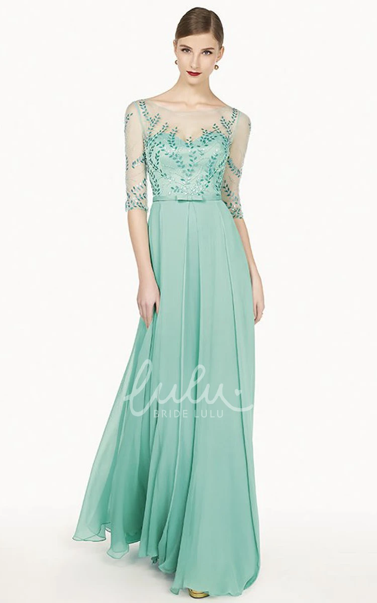 A-Line Tulle Chiffon Long Prom Dress with Sequins and Bow