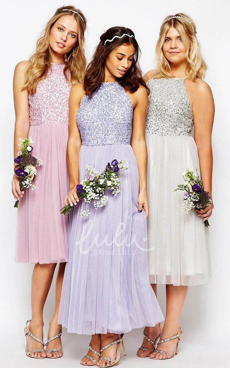 Sleeveless Sequined A-Line Tulle Bridesmaid Dress with Pleats Tea-Length