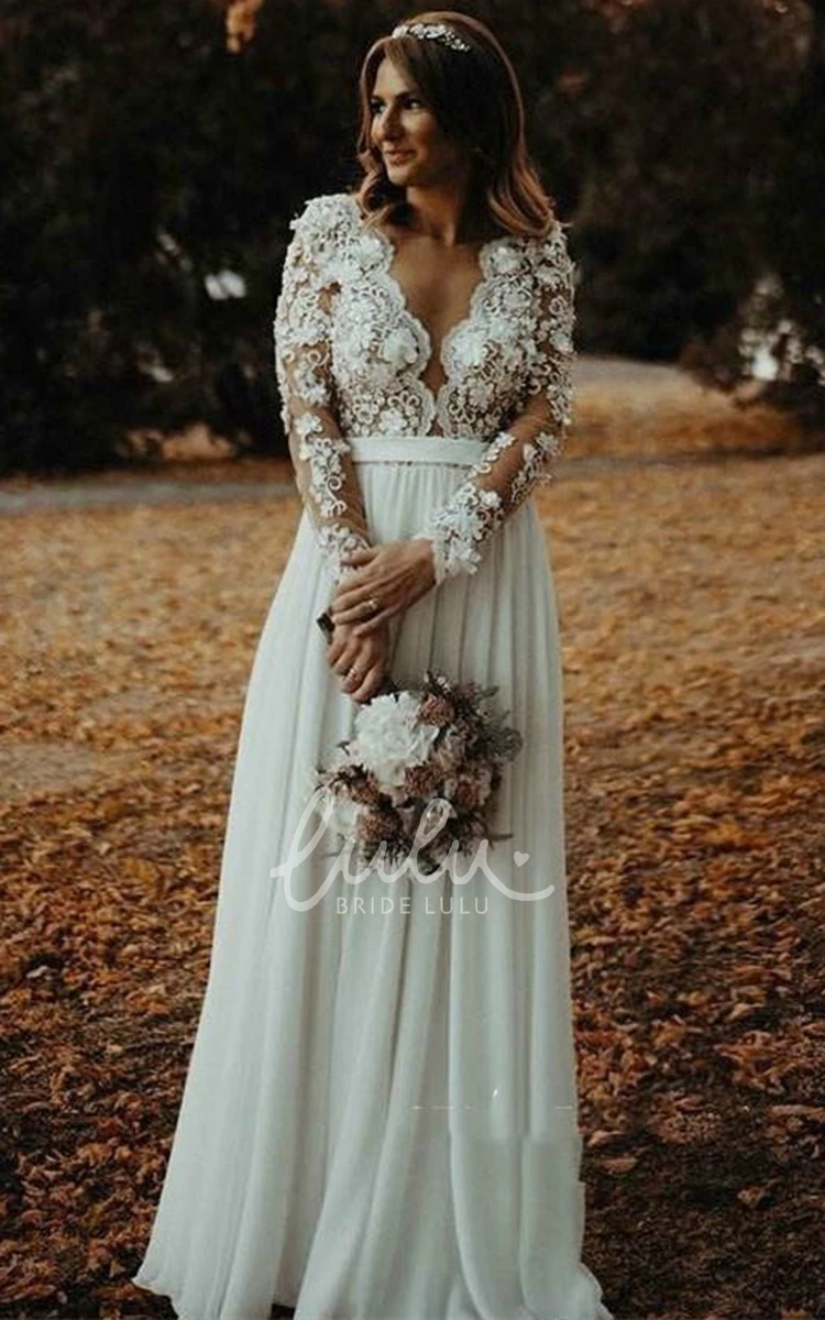 Bohemian A Line Chiffon Wedding Dress with Plunging Neckline and Split Front Boho Wedding Dress