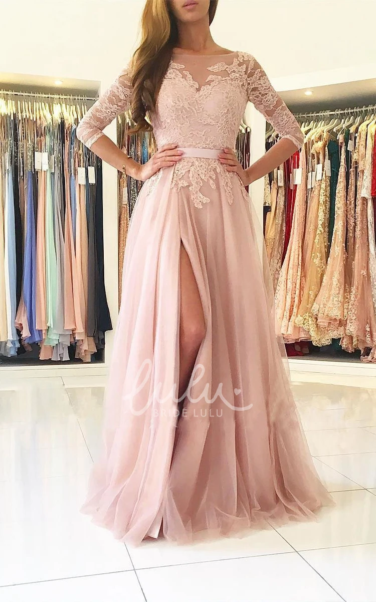 Elegant Illusion Lace Tulle A-Line Formal Dress with 3/4 Sleeves