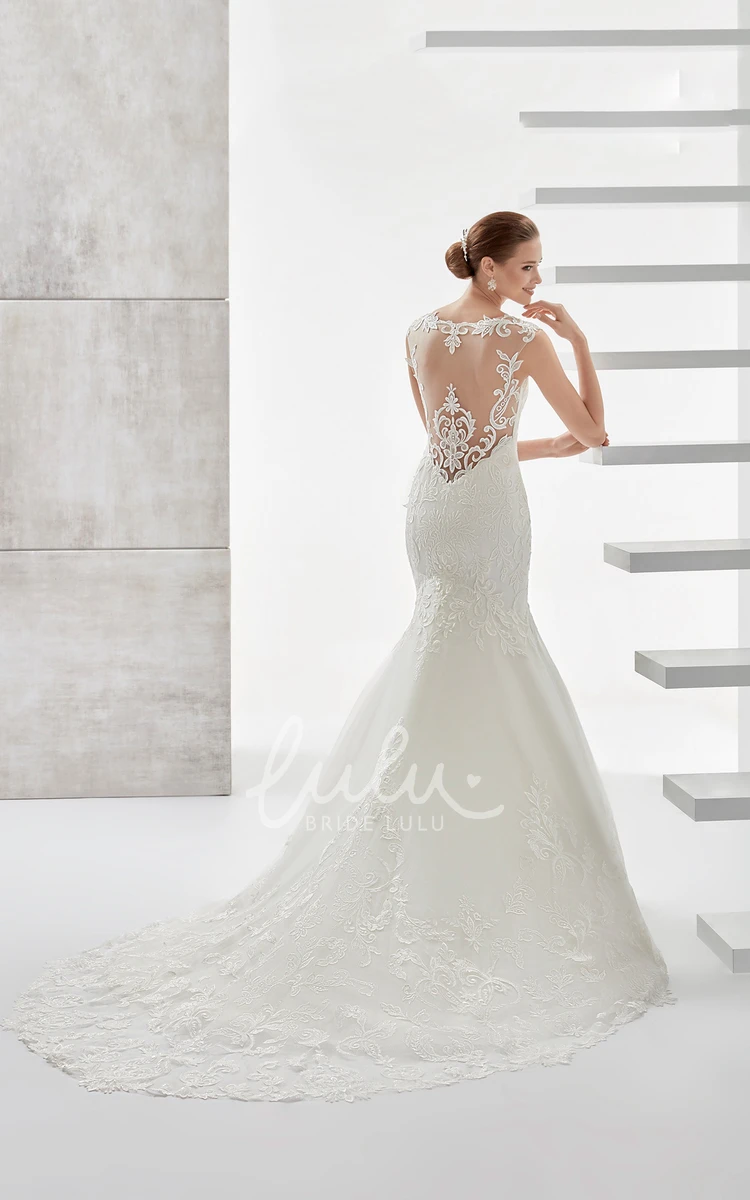 Lace Mermaid Wedding Dress with Jewel Neckline and Brush Train Elegant Bridal Gown