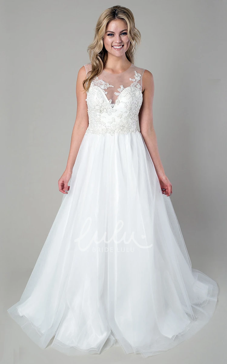 A-Line Appliqued Satin&Tulle Wedding Dress Sleeveless Scoop-Neck Dress Unique