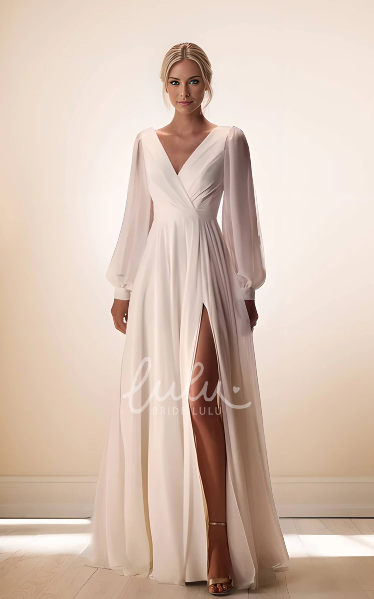 Simple Minimalist Split Front Long Sleeve Maxi A-Line Wedding Dress Solid Flowy Casual Low Back Floor Length Reception Vow Renewal Bridal Gown