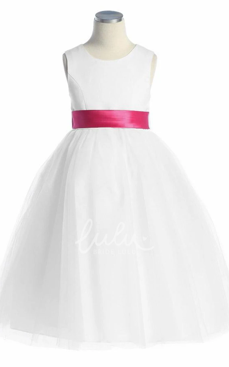 Sleeveless Bowed Tea-Length Flower Girl Dress in Tulle & Satin