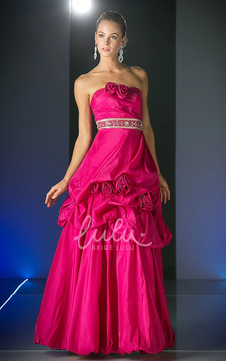 Taffeta Strapless A-Line Formal Dress with Pick Up and Flower