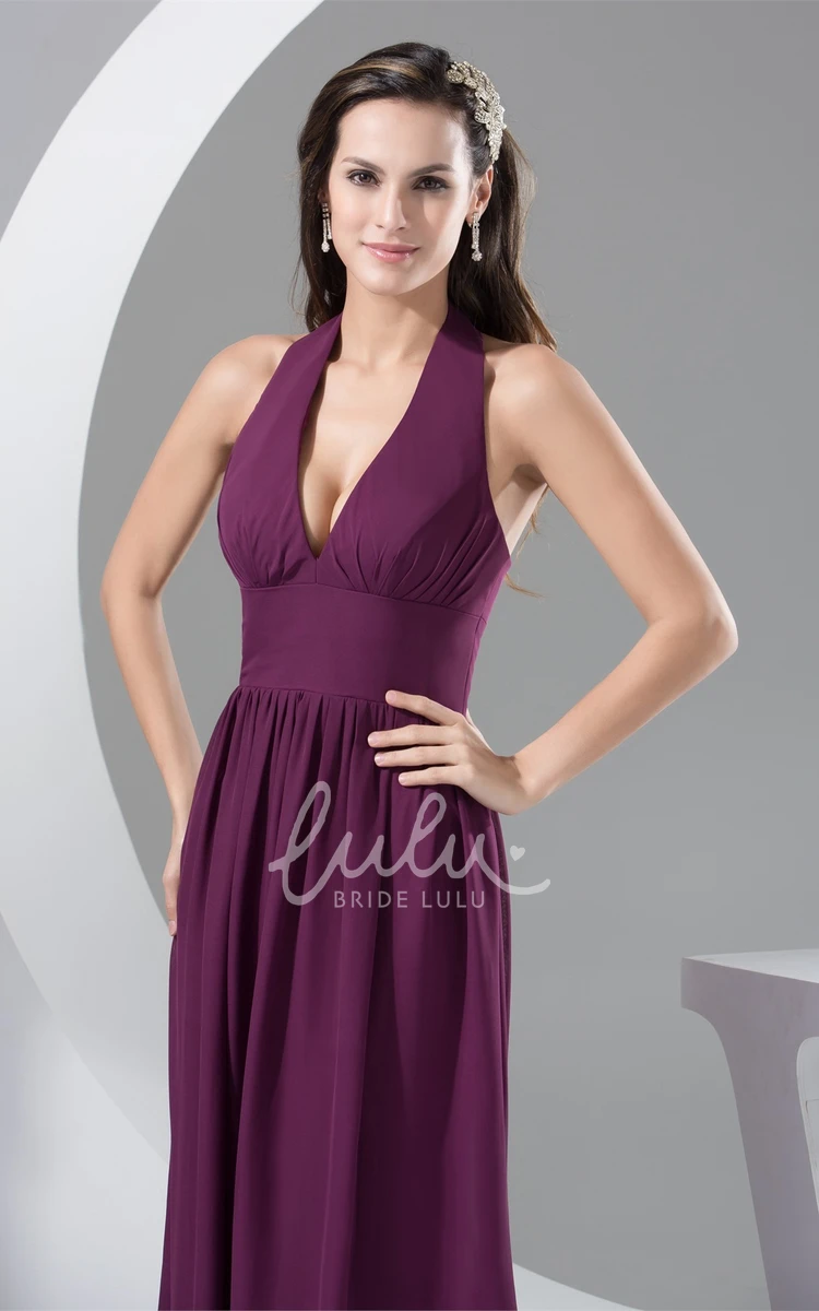 Halter Maxi Formal Dress with Pleats and Backless Design Flowy A-Line Dress