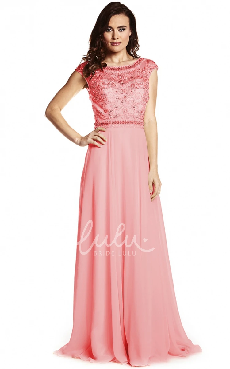 Scoop Neck Beaded Sheath Prom Dress Cap Sleeves Floor-Length