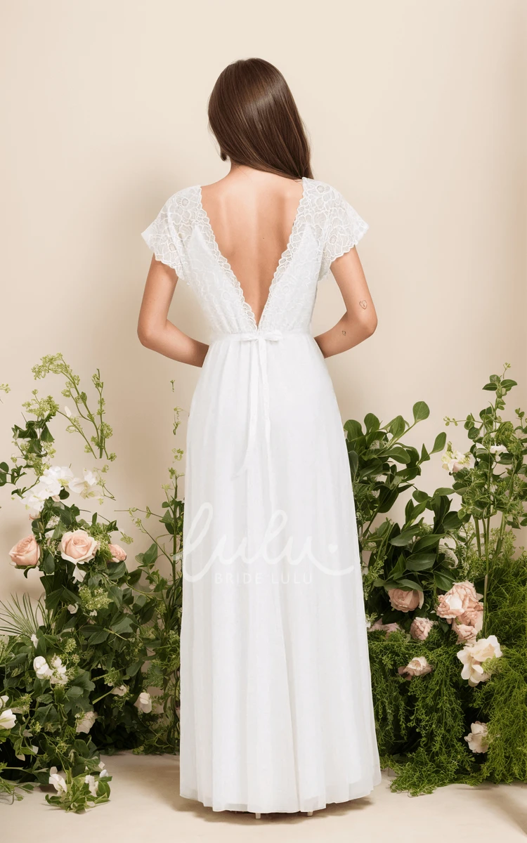 Bohemian Lace Short Sleeve Sexy Plunging Neckline A-Line Floor-length Wedding Dress with Ribbon Deep-V Back