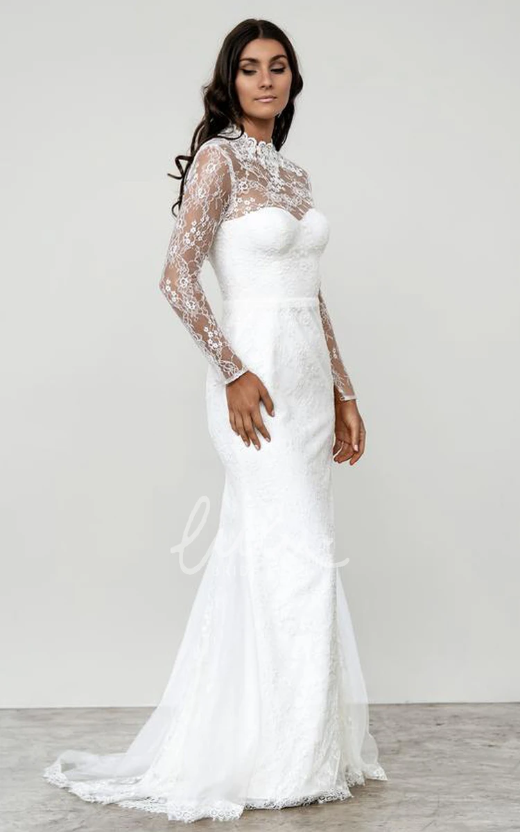 Modest High Neck Lace Wedding Dress with Long Sleeves and Keyhole Back Elegant Wedding Dress